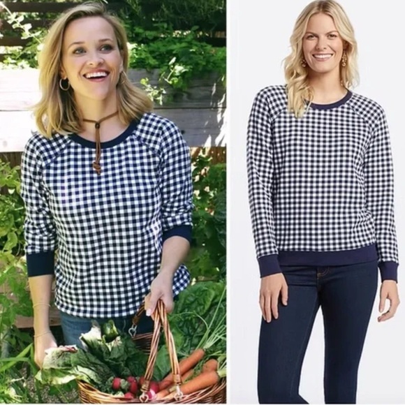 Draper James Navy Gingham Checkered Sweatshirt - Picture 1 of 8